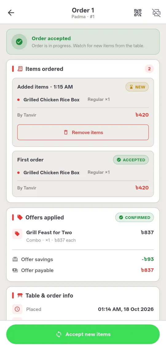 Ostisk waiter screen on Android: dishes added later marked new above the accepted first order
