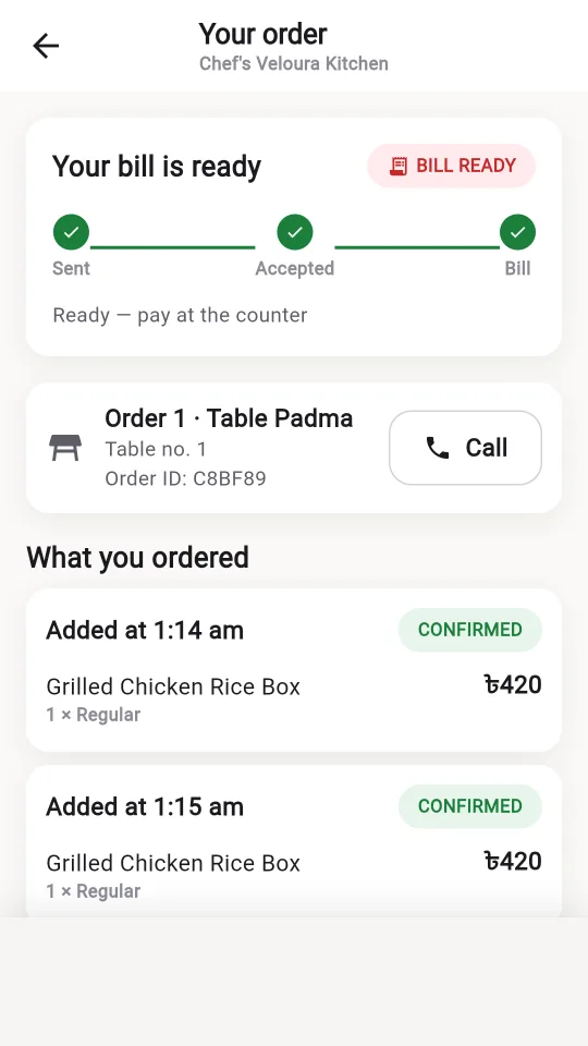 Ostisk on Android: your bill is ready, with each dish and the order ID